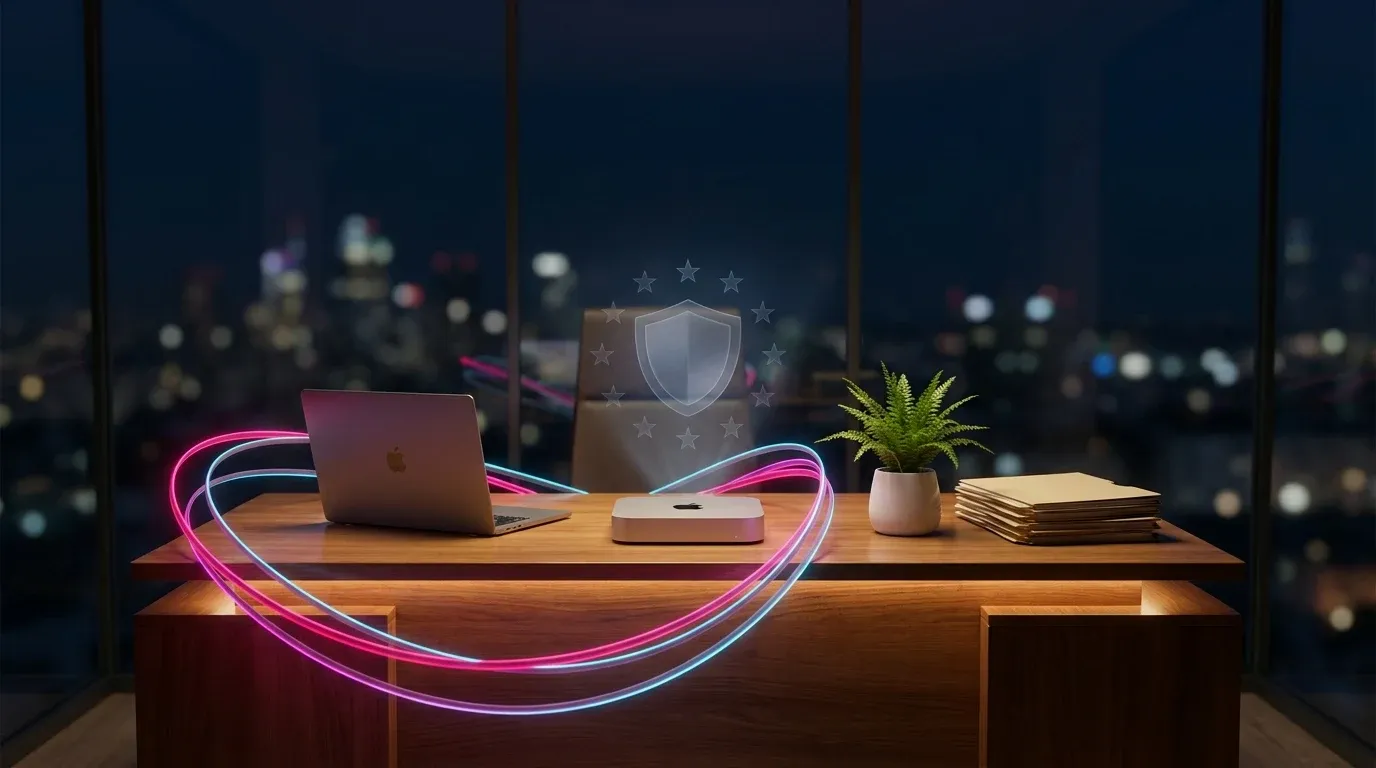 Symbolbild: Mac Mini, MacBook und Dokumente auf einem Schreibtisch in einem dunklen Office bei Nacht, umgeben von magenta und cyan leuchtenden Datenströmen — im Hintergrund ein angedeuteter Schild mit EU-Sternenkranz als Sinnbild für europäische Datensouveränität.