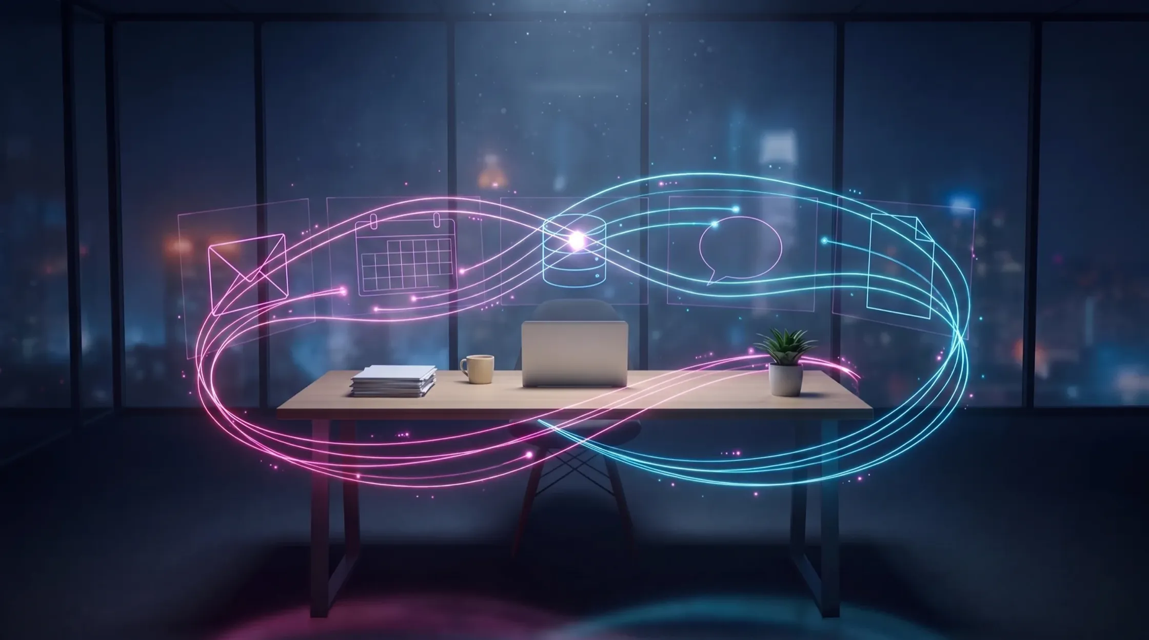 Symbolbild: Ein Schreibtisch im nächtlichen Büro, umflossen von magenta und cyan leuchtenden Datenströmen, die fünf schwebende Systeme miteinander verbinden — Postfach, Kalender, Datenbank, Chat und Dokument.