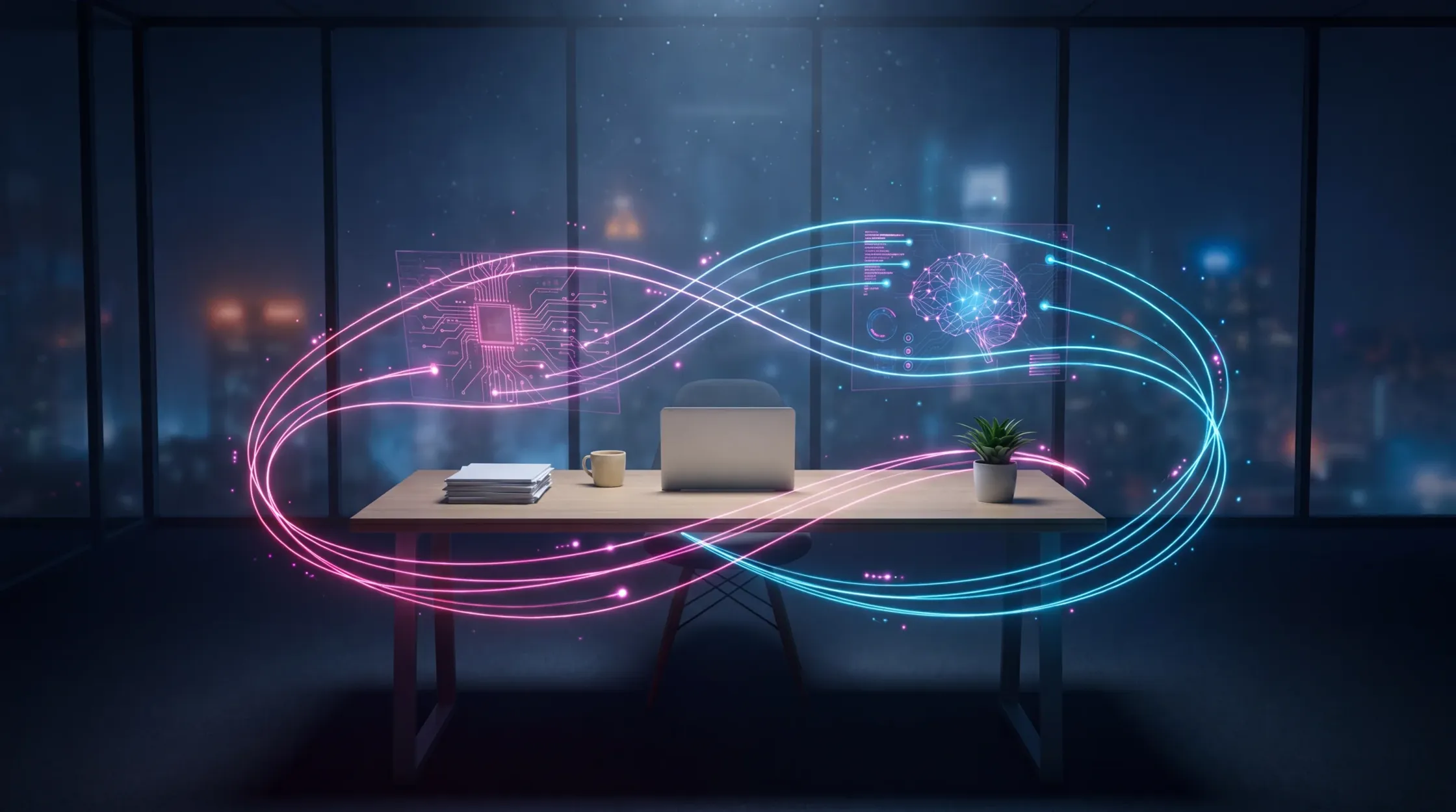Symbolbild: Ein KI-Mitarbeiter arbeitet unsichtbar im Hintergrund — magenta und cyan leuchtende Datenströme fließen um einen Schreibtisch mit Laptop und Notizen, Skyline bei Nacht.